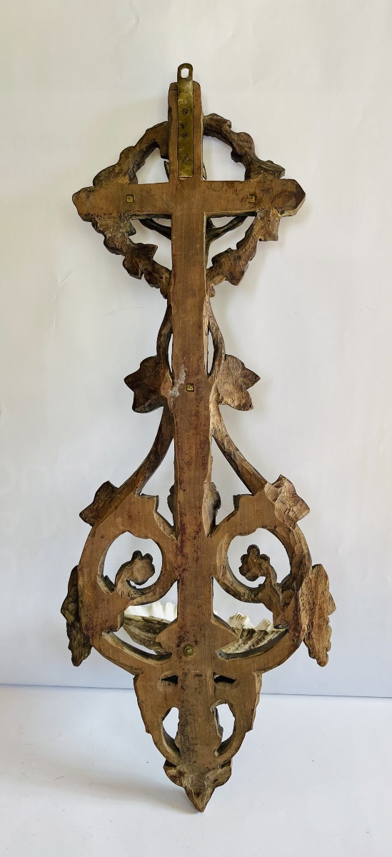 Crucifix Bénitier En Bois Sculpté -photo-4
